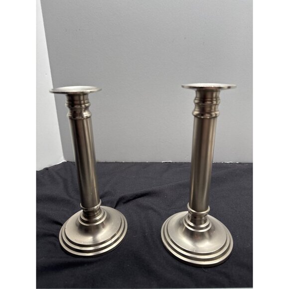 Vintage MCM Candlestick Brushed Holders 8" Set Of 2 Black Felted Bottoms - Picture 1 of 8
